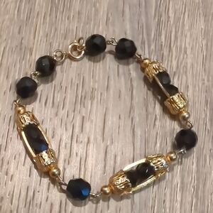 Vintage Art Deco Faceted Black Glass Gold Cage Beaded Bracelet